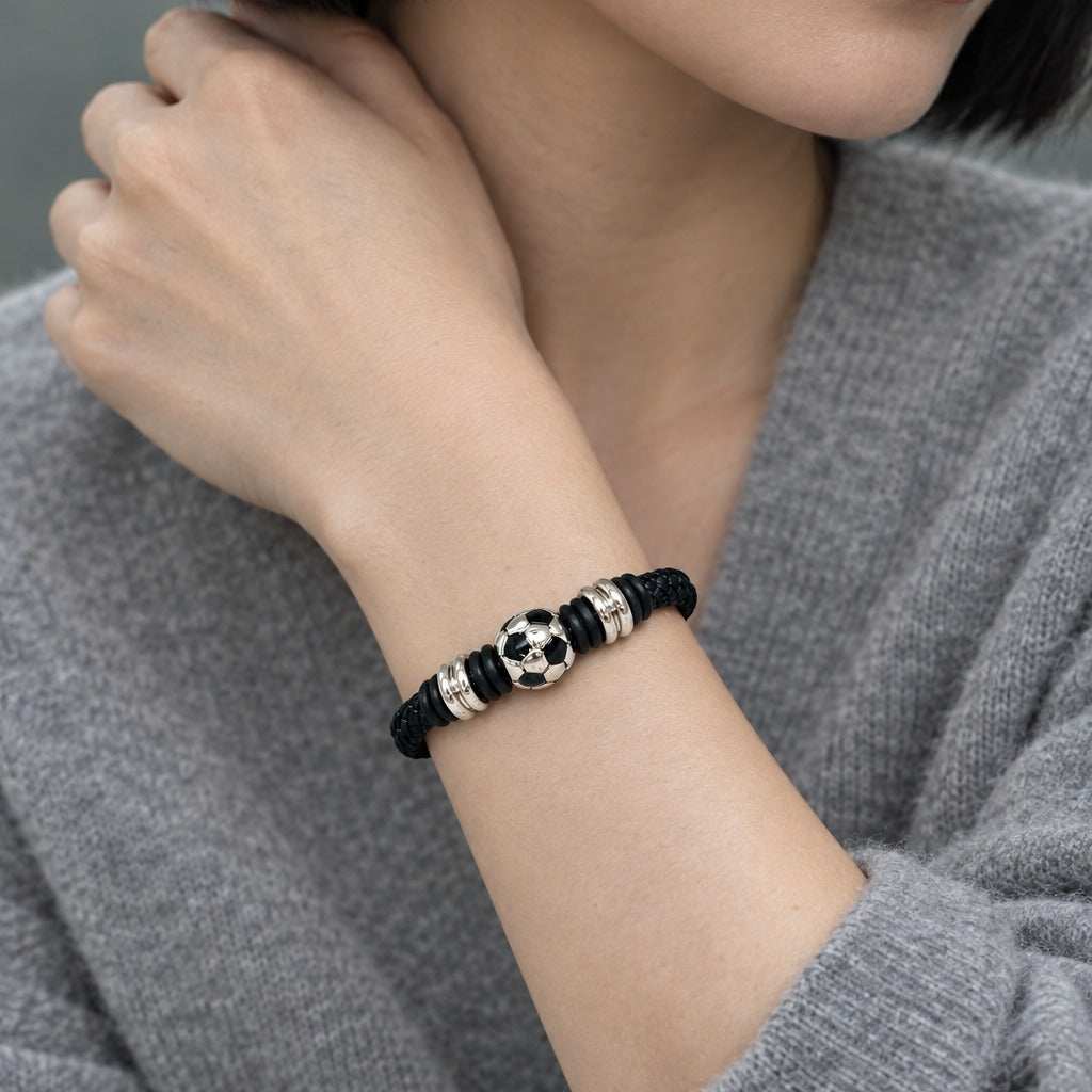 Model wearing the Football bracelet by Lesunja Fine Jewellery – AI-generated visualisation