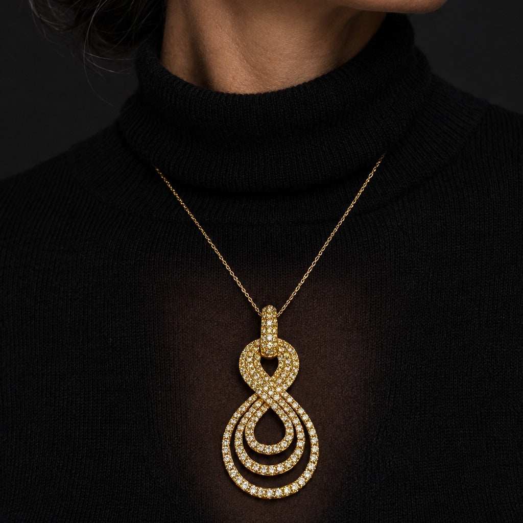 Model wearing the Lesunja La Vie Rose Gold Pendant Green Saphire by Lesunja Fine Jewellery – AI-generated visualisation