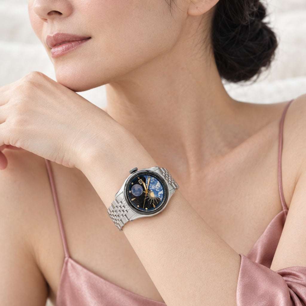 Model wearing the Mountain Watch Black by Lesunja Fine Jewellery – AI-generated visualisation