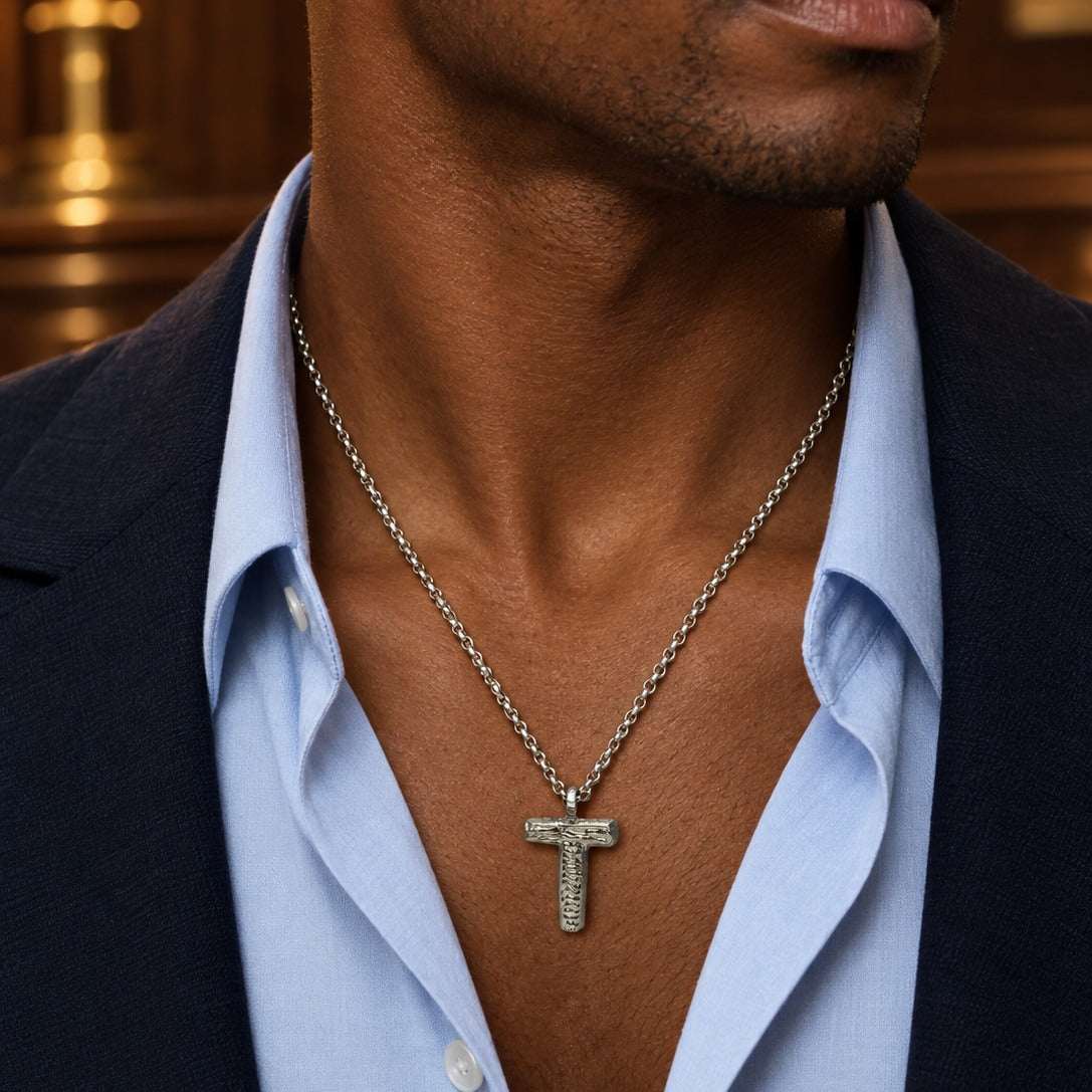Model wearing the Silver  T Letter Necklace by Lesunja Fine Jewellery – AI-generated visualisation