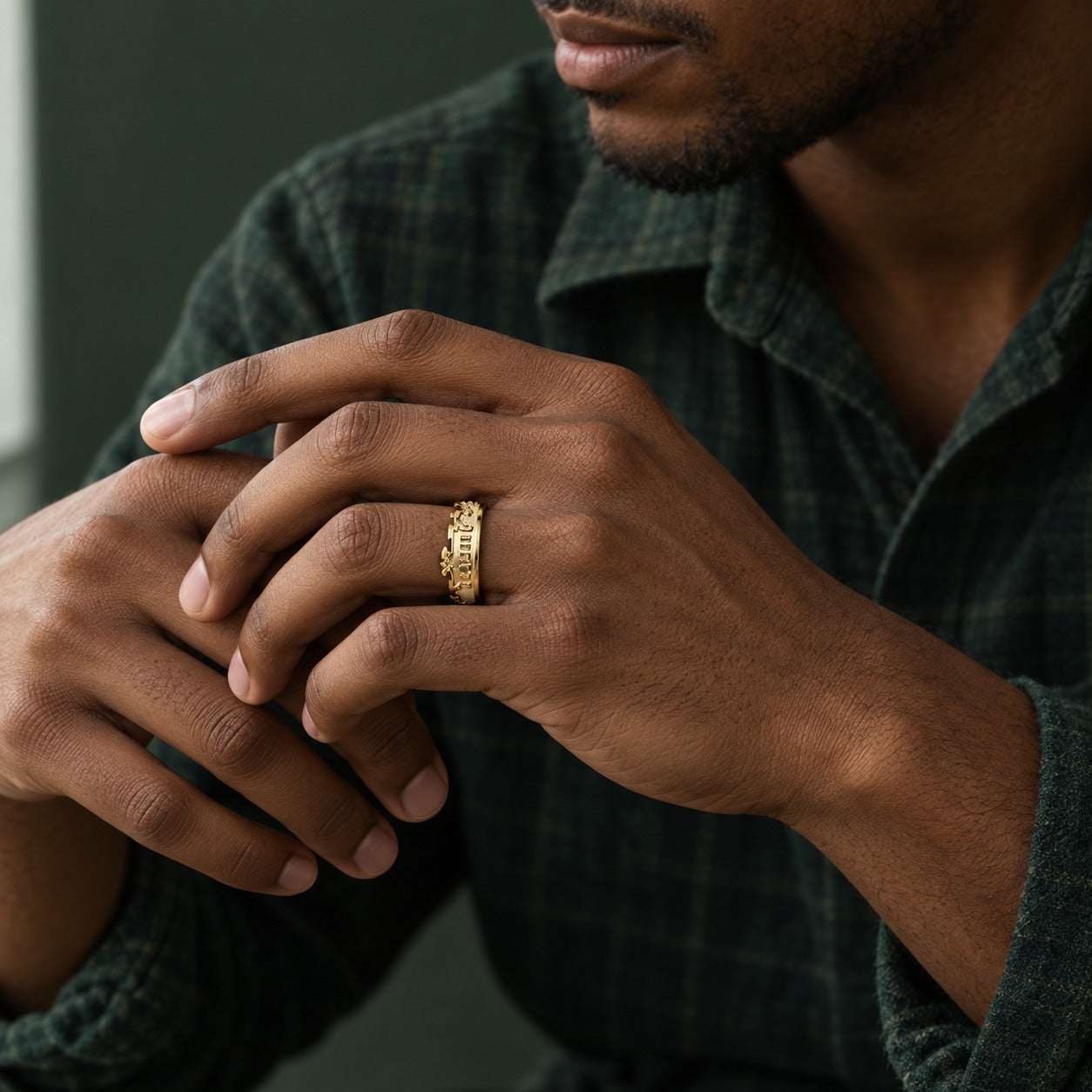 Model wearing the Lesunja Skyline Berlin Gold Plated Ring by Lesunja Fine Jewellery – AI-generated visualisation