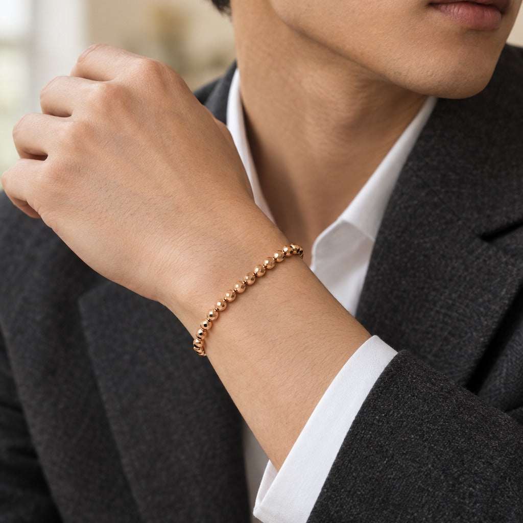 Model wearing the Lesunja Hematite Rose Gold Plated Bracelet by Lesunja Fine Jewellery – AI-generated visualisation