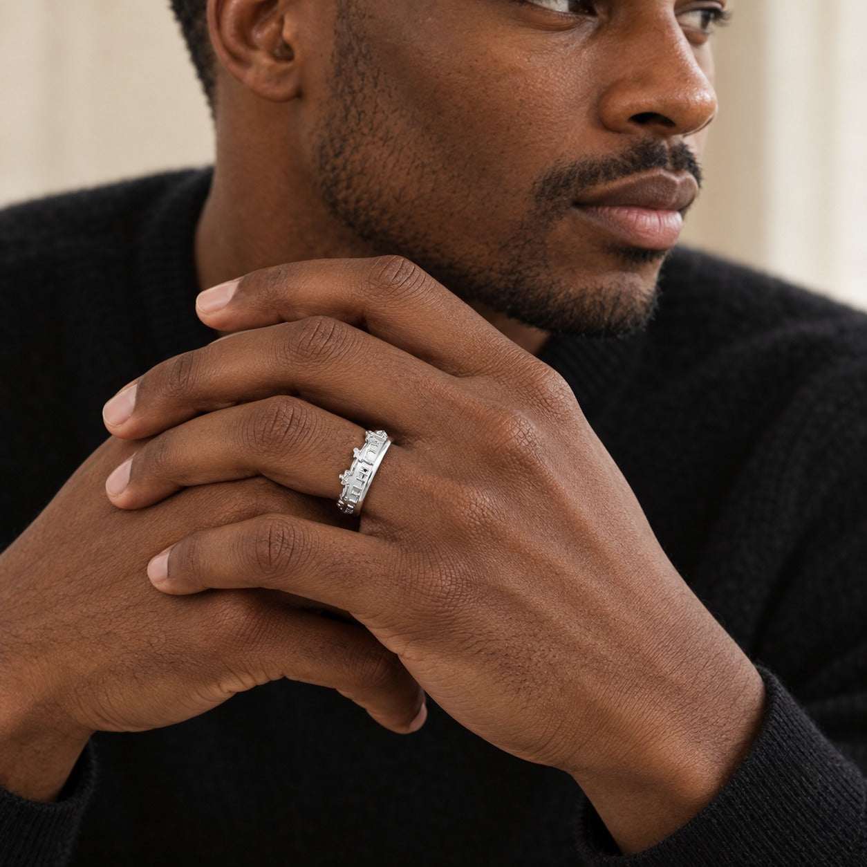 Model wearing the Lesunja Berlin Skyline Silver Ring by Lesunja Fine Jewellery – AI-generated visualisation