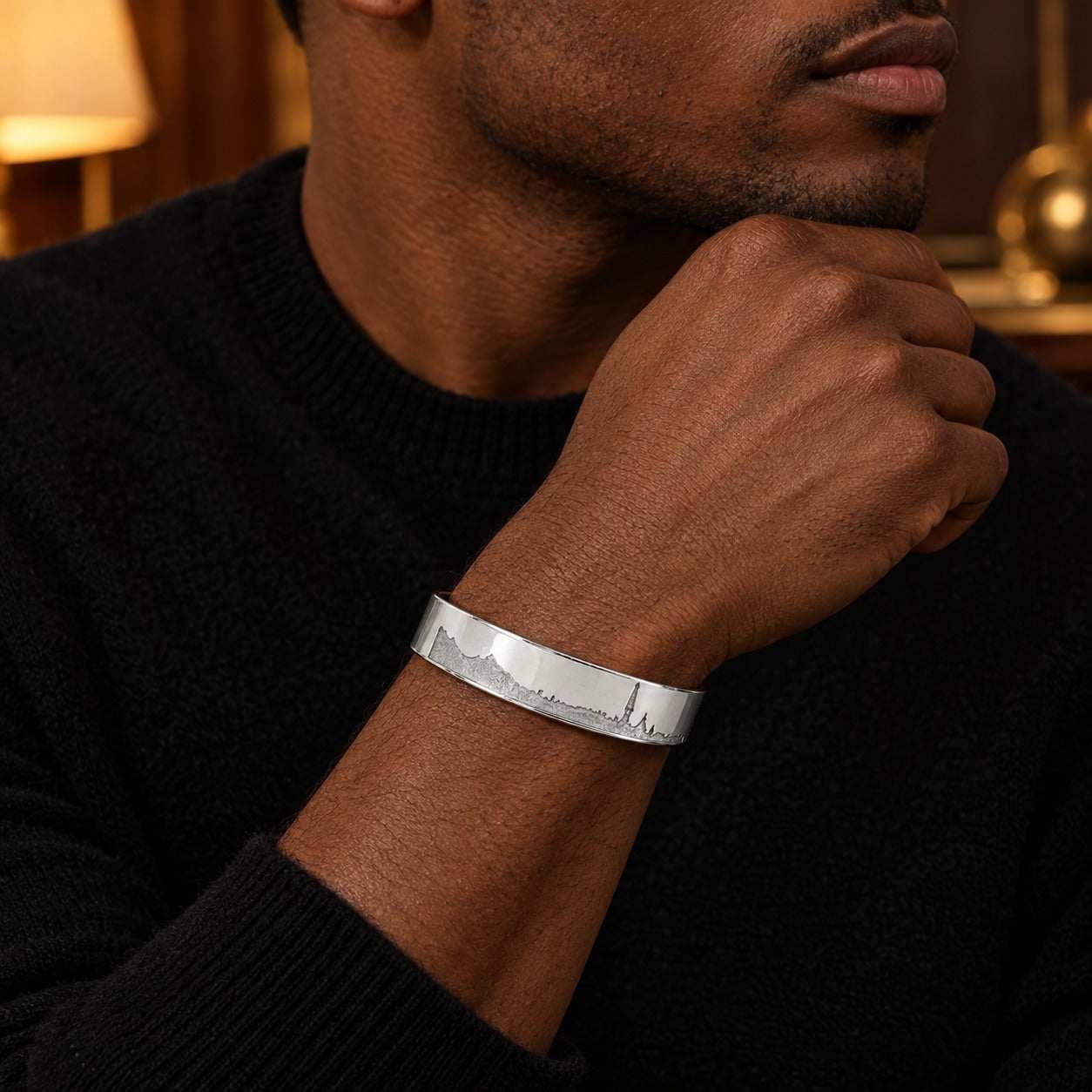 Model wearing the Lesunja Skyline St. Moritz Silver Bangle by Lesunja Fine Jewellery – AI-generated visualisation