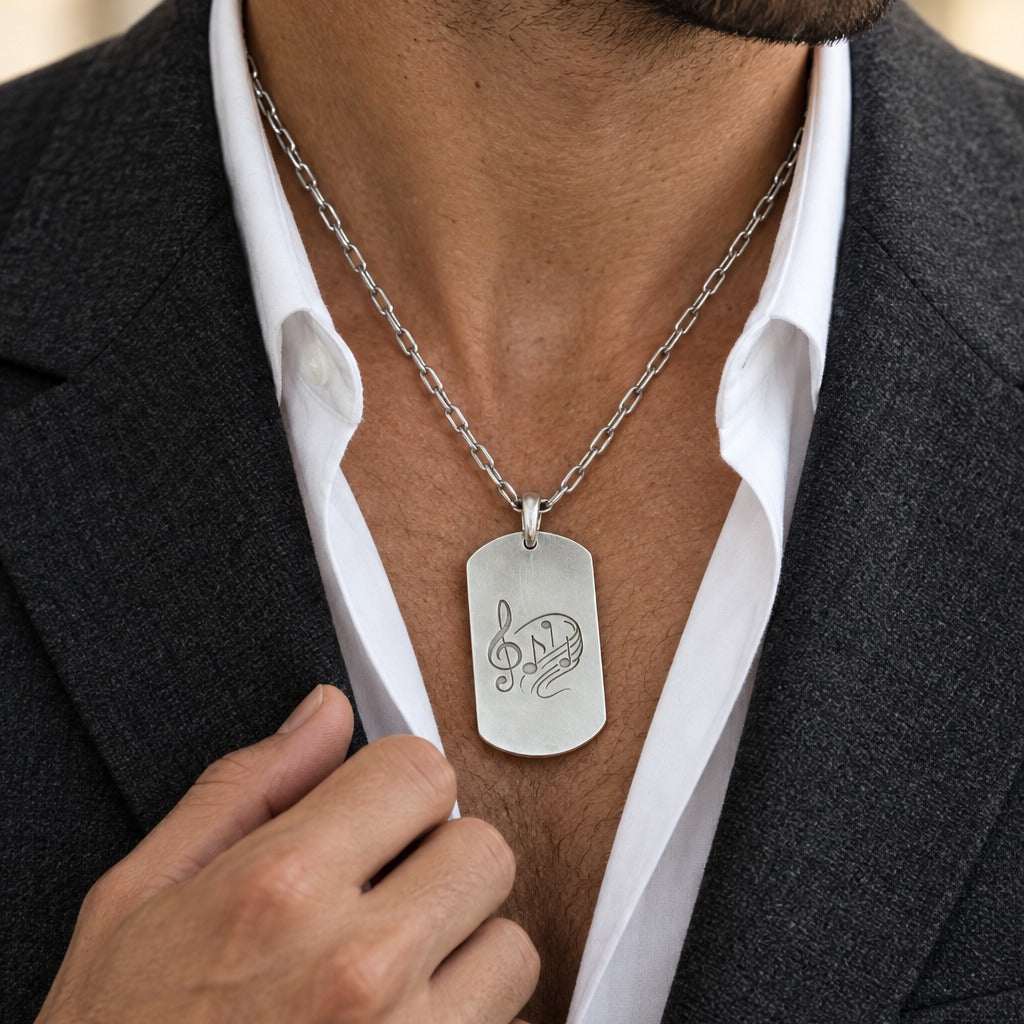 Model wearing the Lesunja Personalized Silver Plaque with Signature Engraving by Lesunja Fine Jewellery – AI-generated visualisation