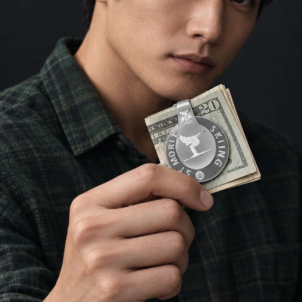 Model wearing the Lesunja Money Clip St. Moritz Skiing Silver by Lesunja Fine Jewellery – AI-generated visualisation