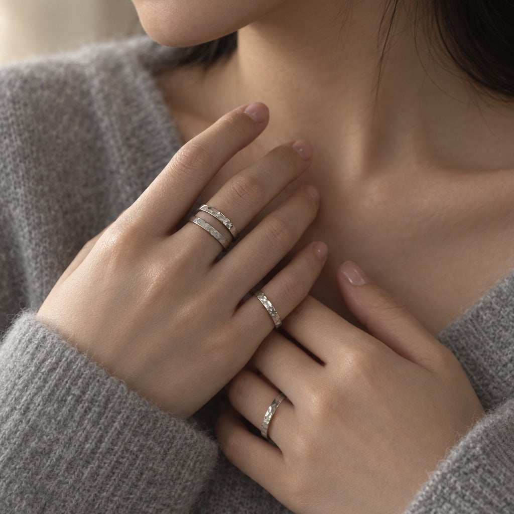 Model wearing the Lesunja Hammered Silver Rings by Lesunja Fine Jewellery – AI-generated visualisation