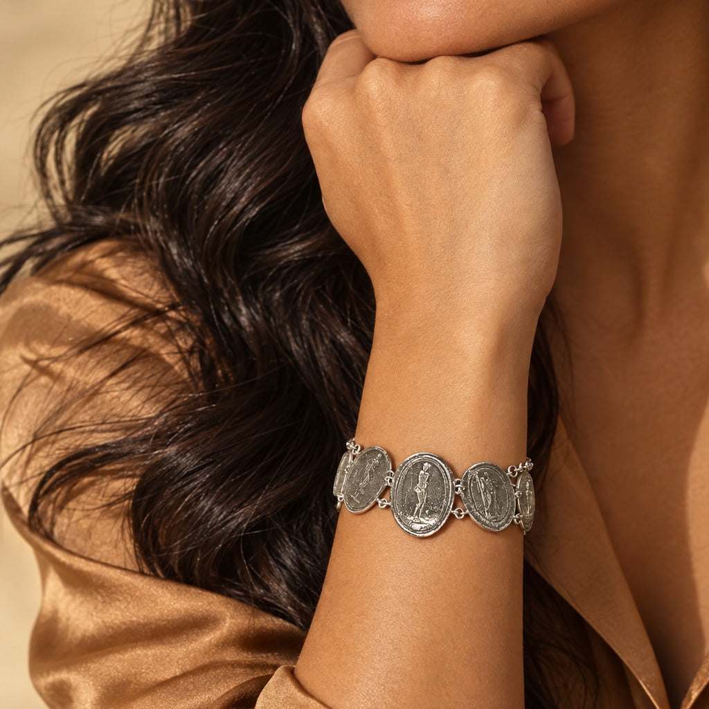 Model wearing the Lesunja Bracelet Silver Gemstone Plates by Lesunja Fine Jewellery – AI-generated visualisation