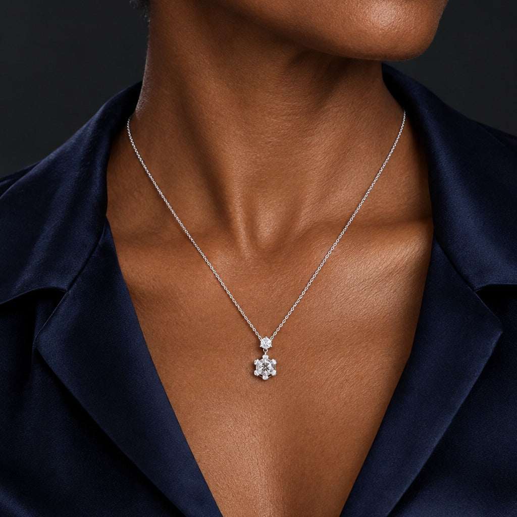 Model wearing the Lesunja Antique Royal Diamond White Gold Pendant by Lesunja Fine Jewellery – AI-generated visualisation