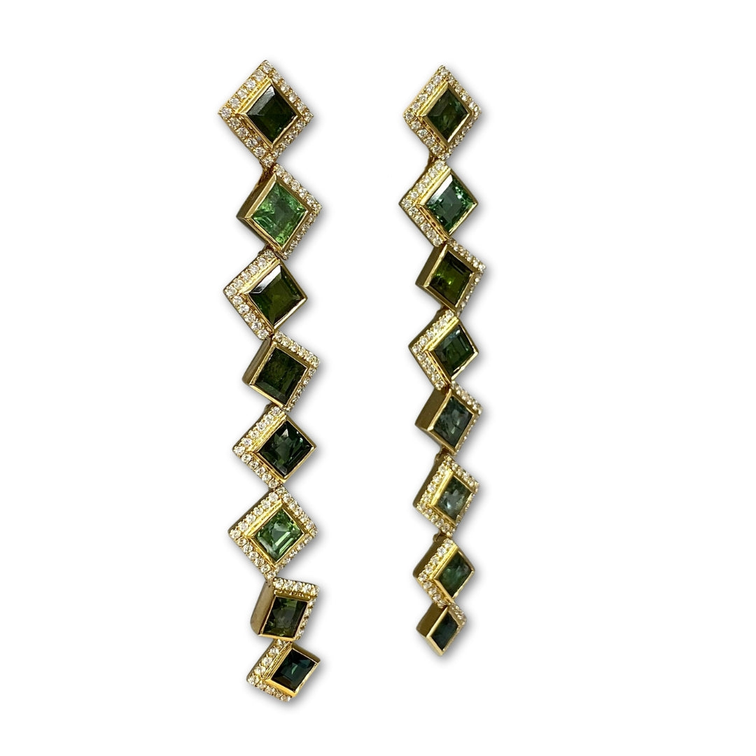 Lesunja Statement Earrings Yellow Gold Green Tourmaline White Diamonds