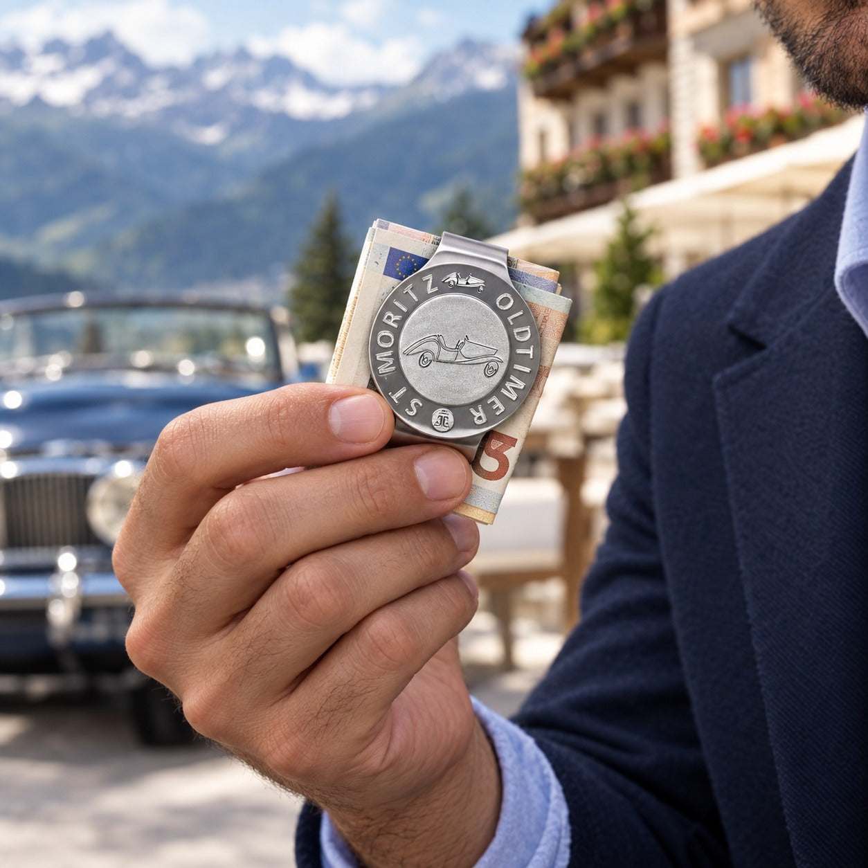 Model wearing the Lesunja St. Moritz Oldtimer 925 Sterling Silver Money Clip by Lesunja Fine Jewellery – AI-generated visualisation