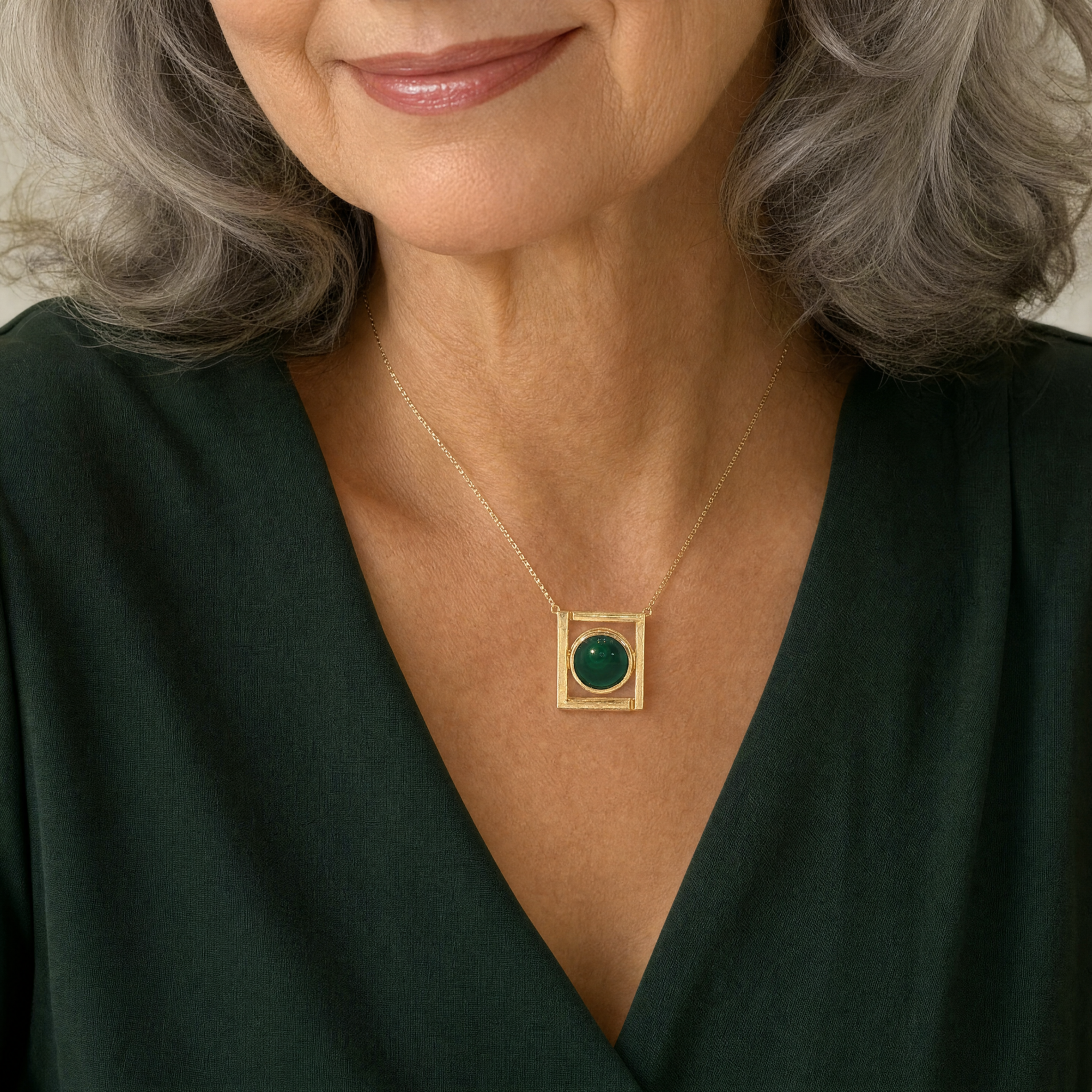 Model wearing the Lesunja L Collection Necklace Yellow Gold Malachite