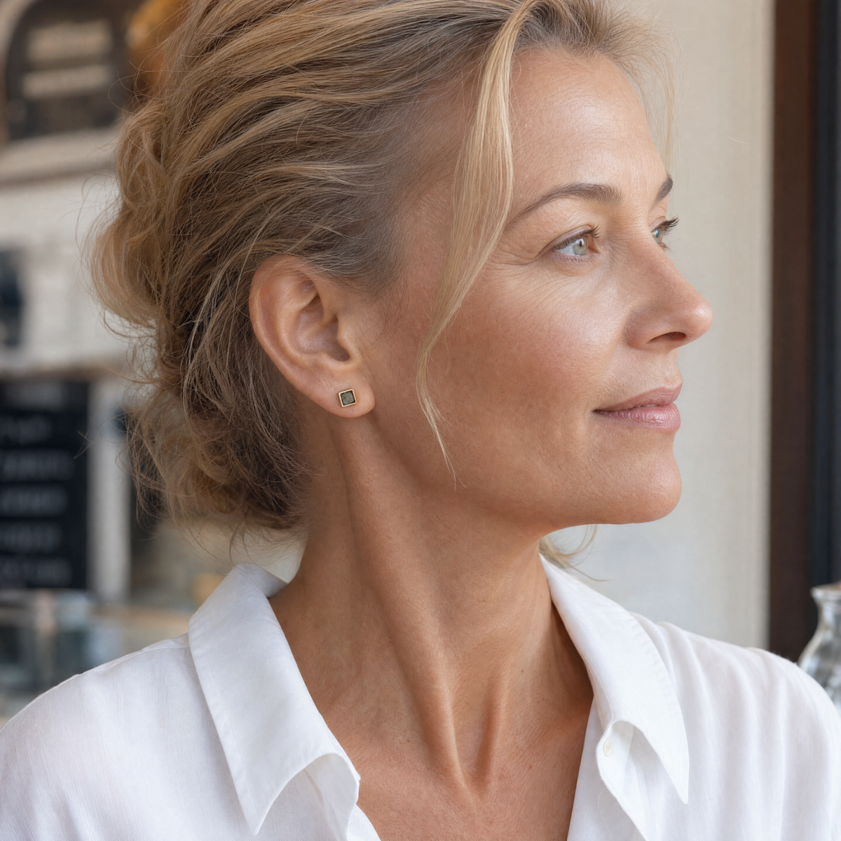 Model wearing the Lesunja Yellow Gold Diamond Earrings