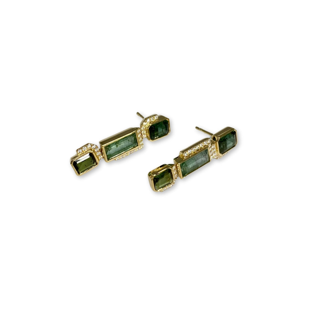 Lesunja Statement Earring Yellow Gold Green Tourmaline White Diamonds