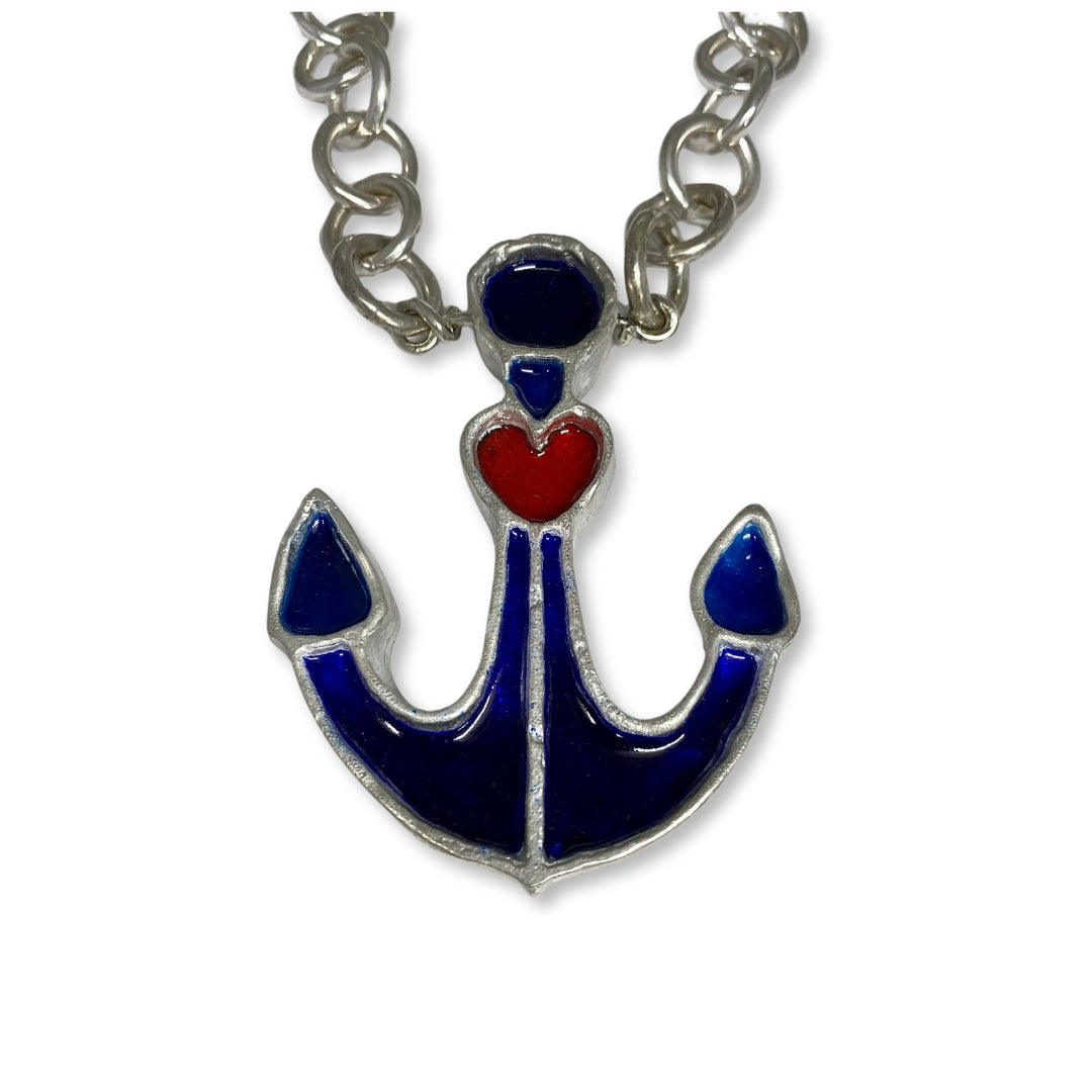 Lesunja Necklace Silver Anchor Enameled Red & Blue with Chain and Pendant