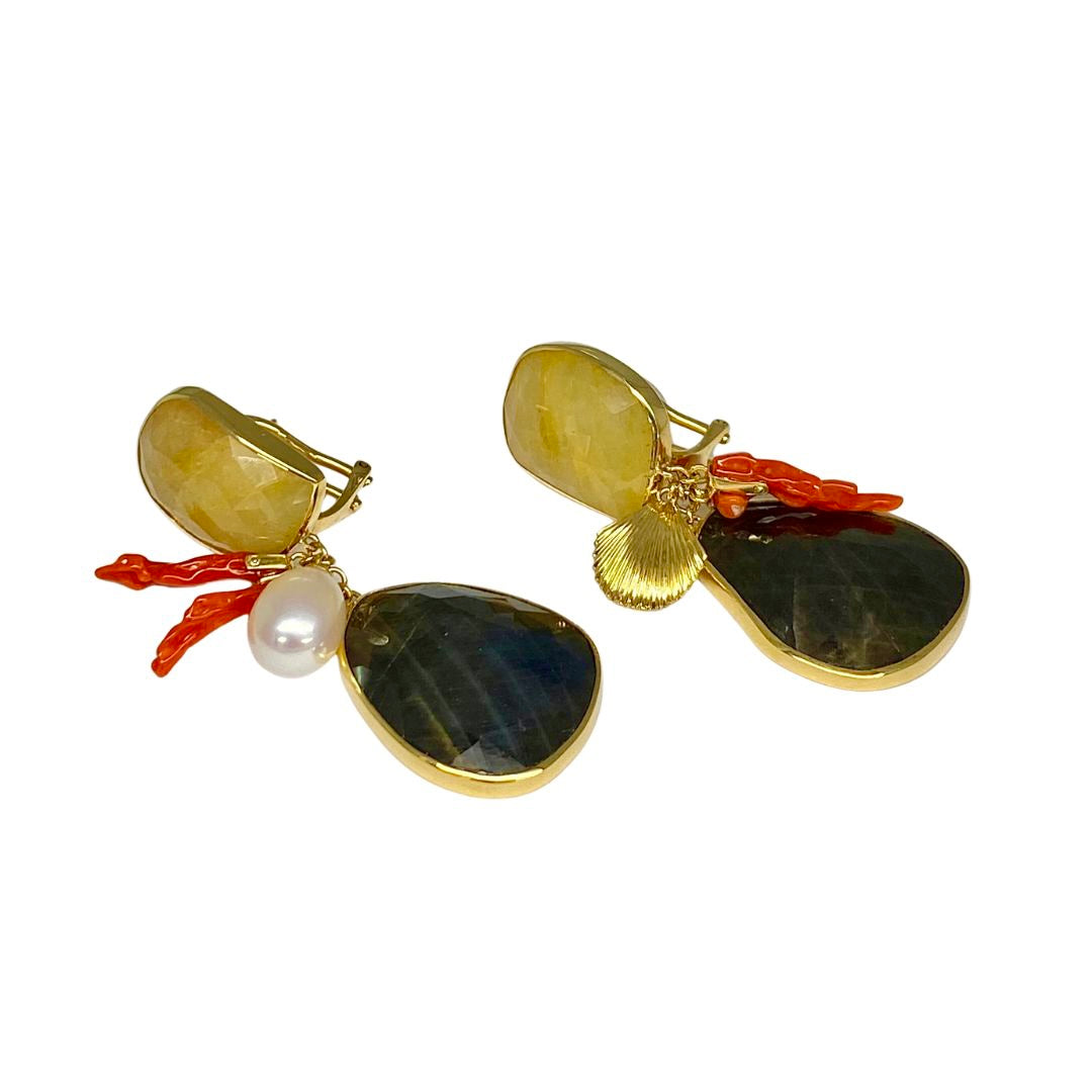 Lesunja Ocean XXY Boho La Vie Ear Studs Yellow Gold Sapphires Red Corals Akoya Pearl