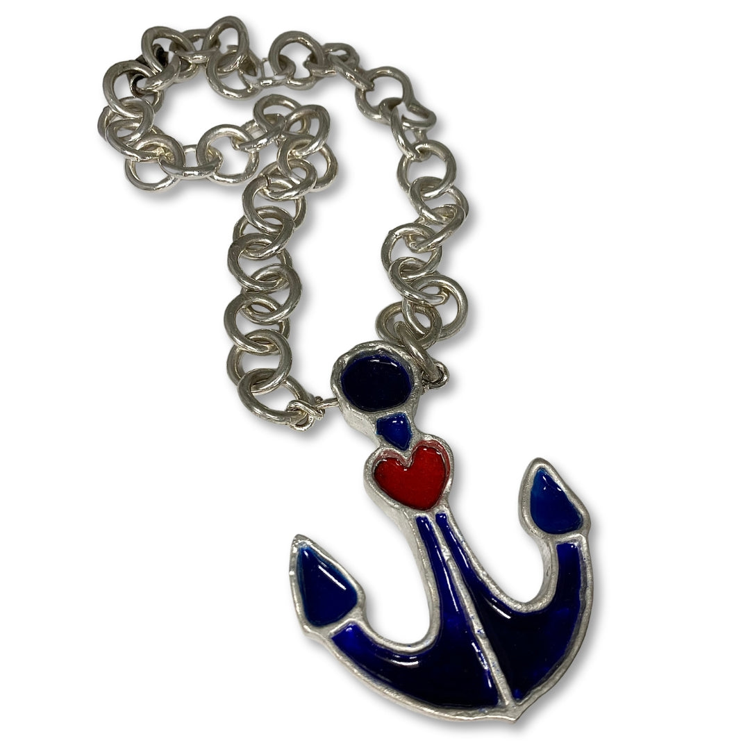 Lesunja Necklace Silver Anchor Enameled Red & Blue