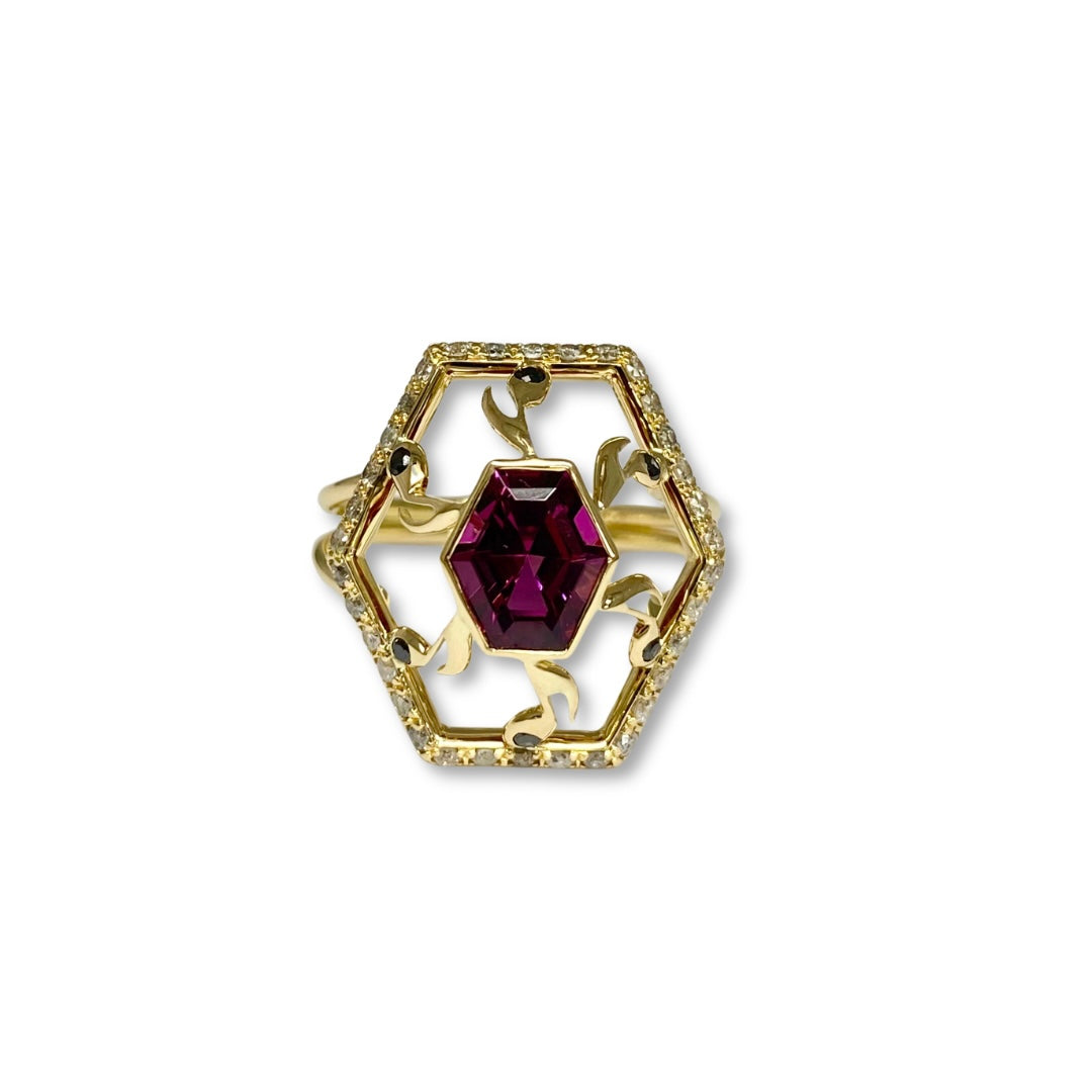 Lesunja Music Was My First Love Cocktail Ring Yellow Gold Ring Purple Rodolith