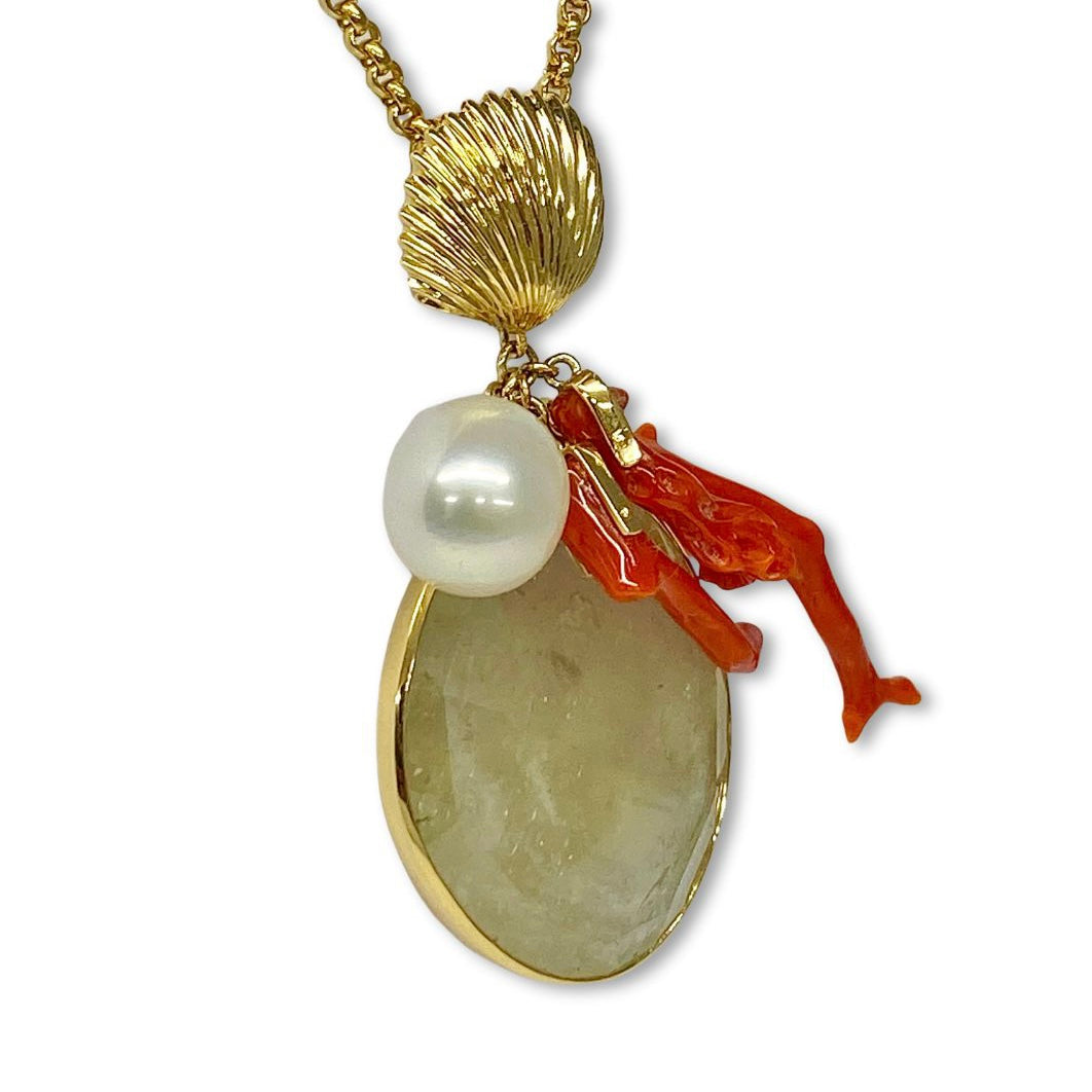 Lesunja Ocean XXY Boho La Vie Necklace Yellow Gold Sapphire Coral Pearl