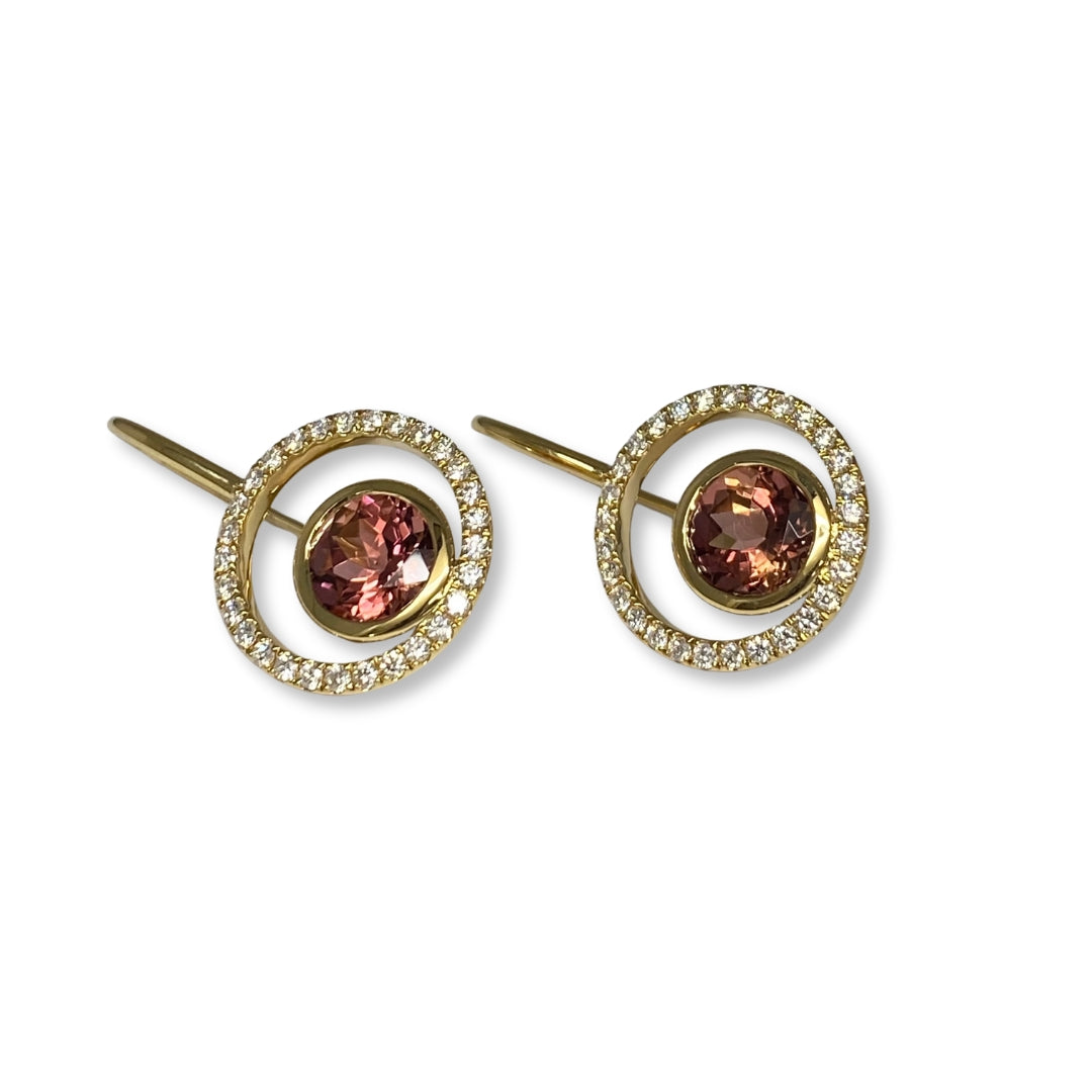 Lesunja Earring Yellow Gold Pink Tourmaline White Diamonds featuring brilliant-cut gemstones encircled by white diamonds.