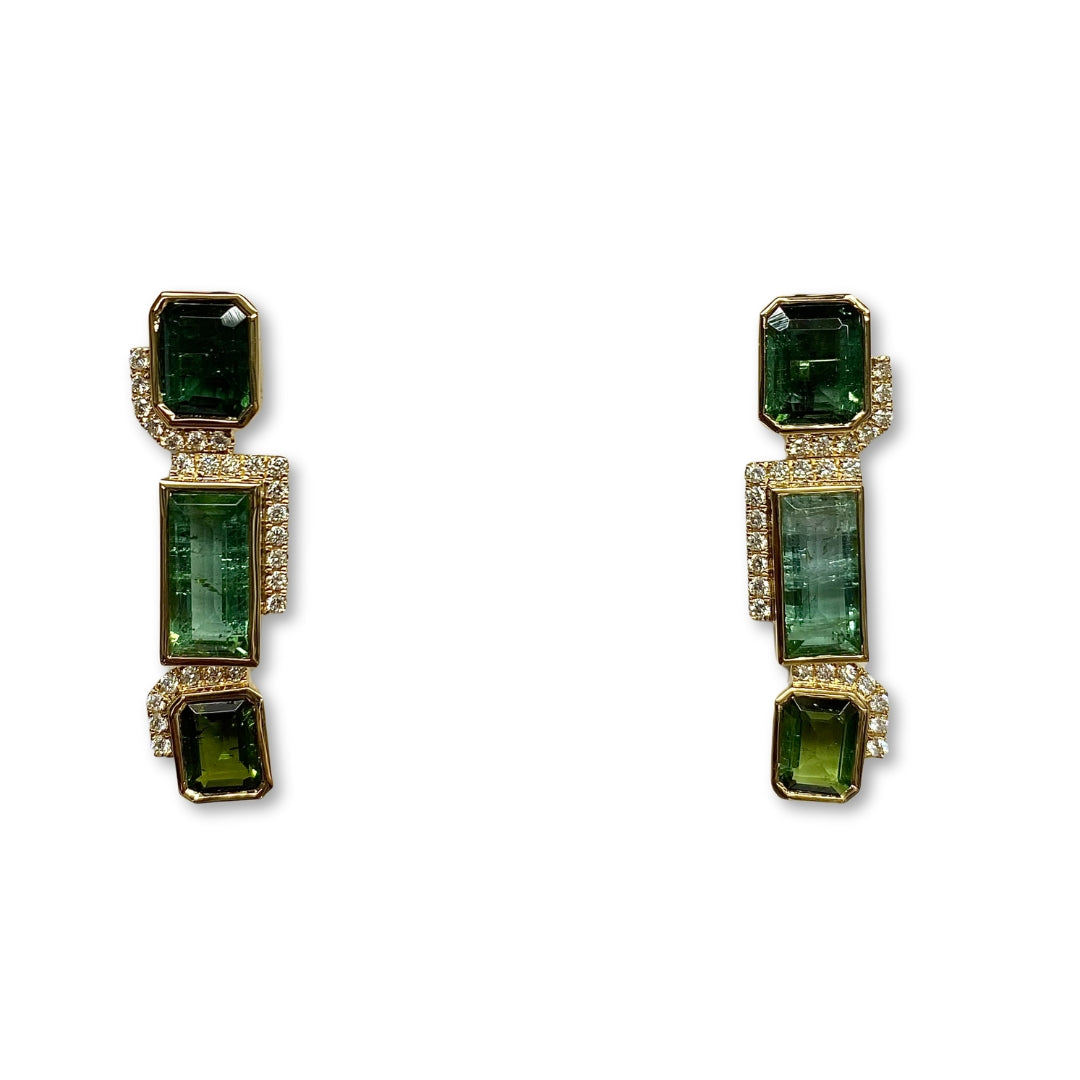 Lesunja Statement Earring Yellow Gold Green Tourmaline White Diamonds