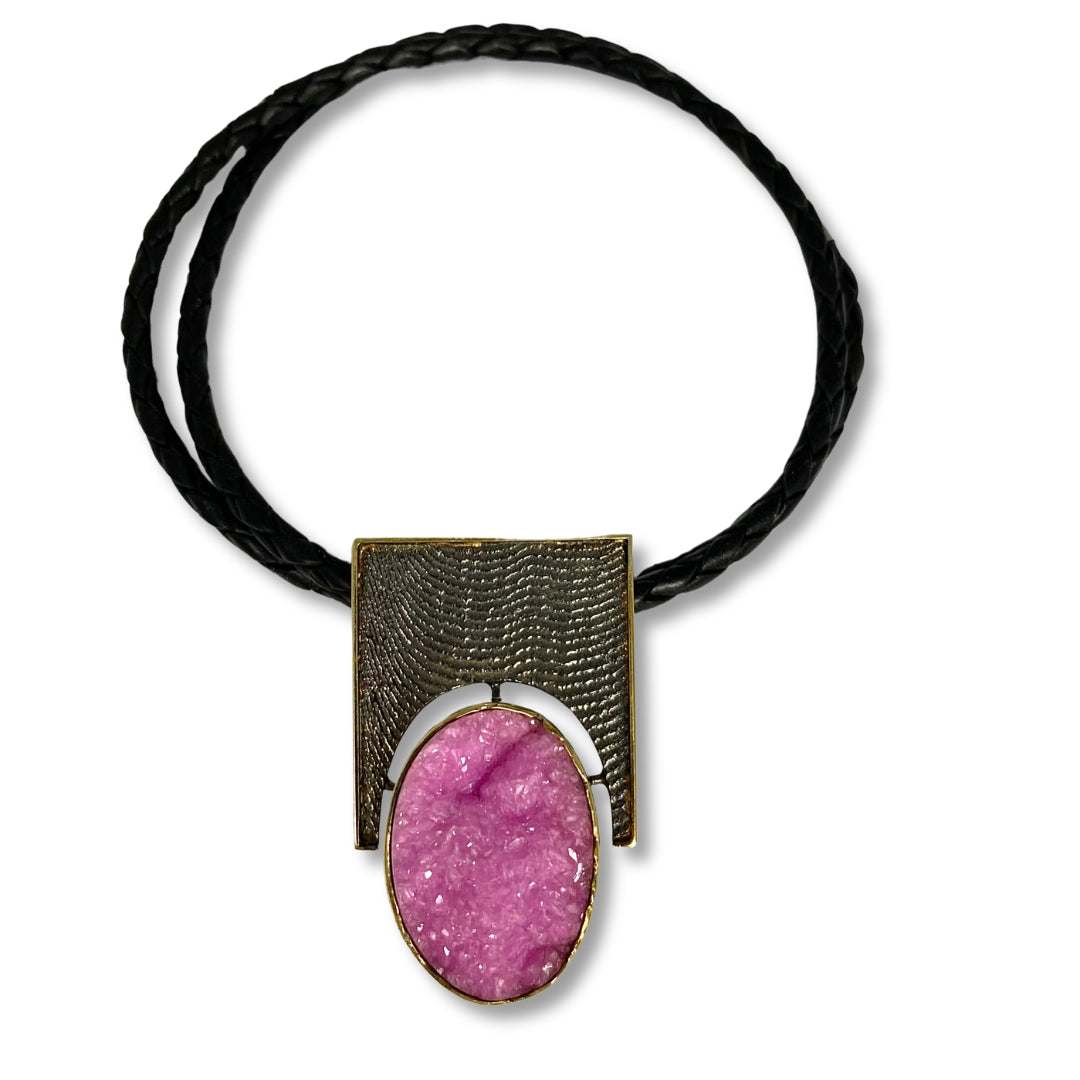 Lesunja Necklace Silver Sepia Structure blackened & Yellow Gold Setting Pink Calcite, handmade fine jewellery from Switzerland