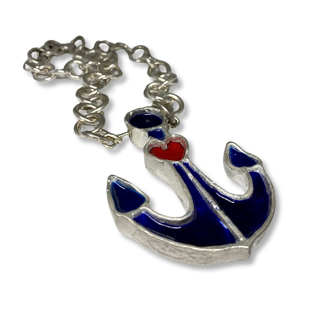 Lesunja Necklace Silver Anchor with Red and Blue Enamel Design