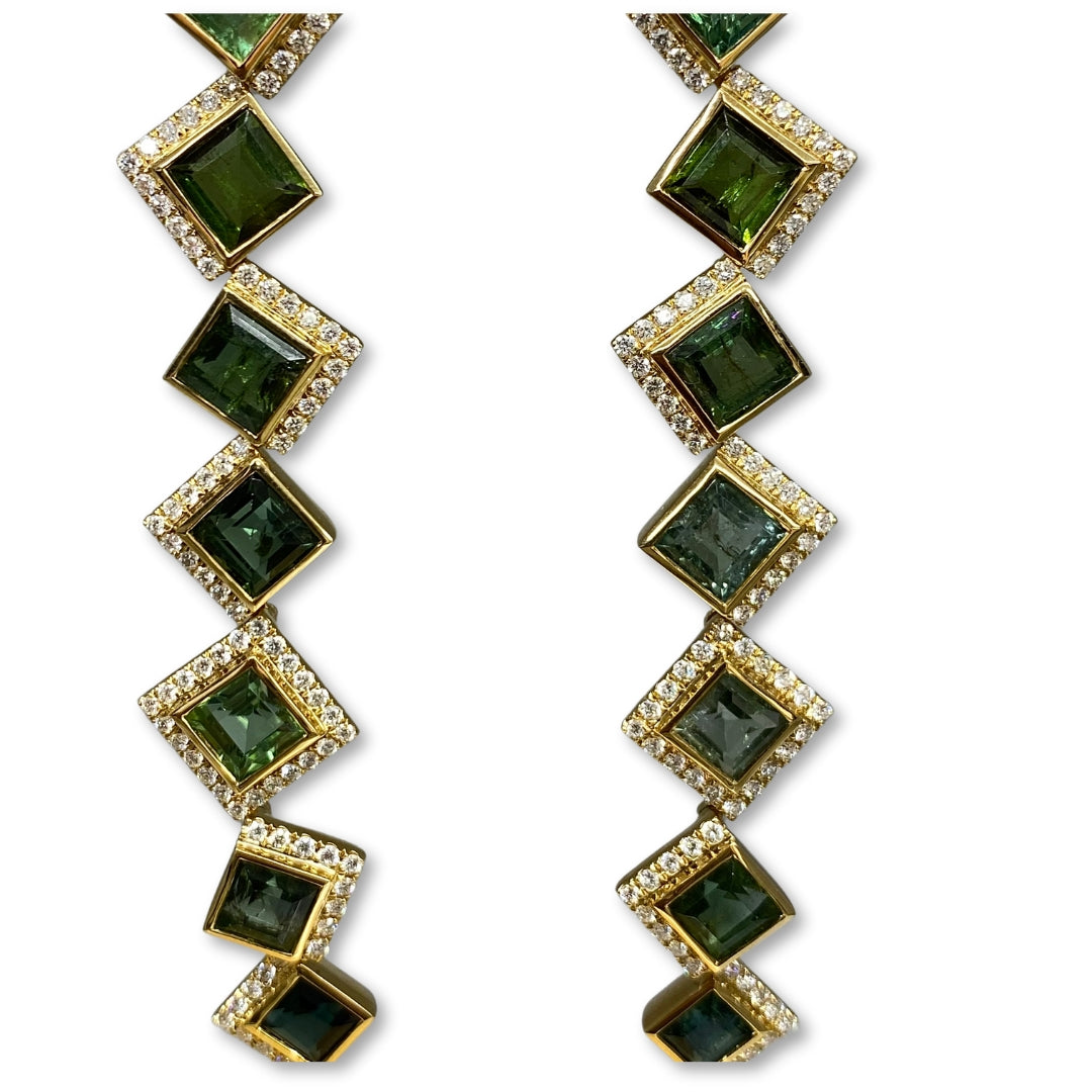 Lesunja Statement Earrings Yellow Gold Green Tourmaline White Diamonds