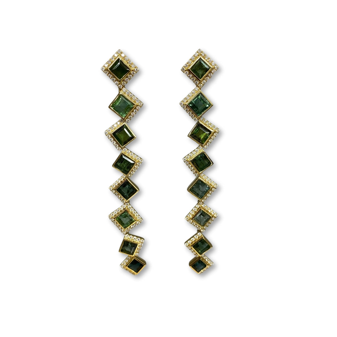 Lesunja statement earrings in yellow gold with green tourmalines and white diamonds.