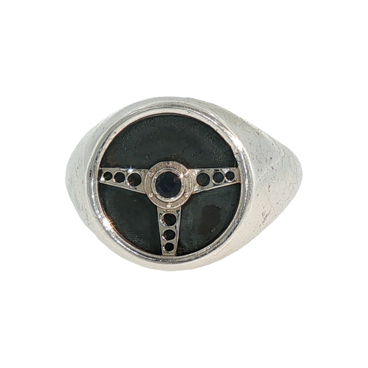 Lesunja Silver Signet Ring Onyx Steering Wheel Design, handmade fine jewellery from Switzerland