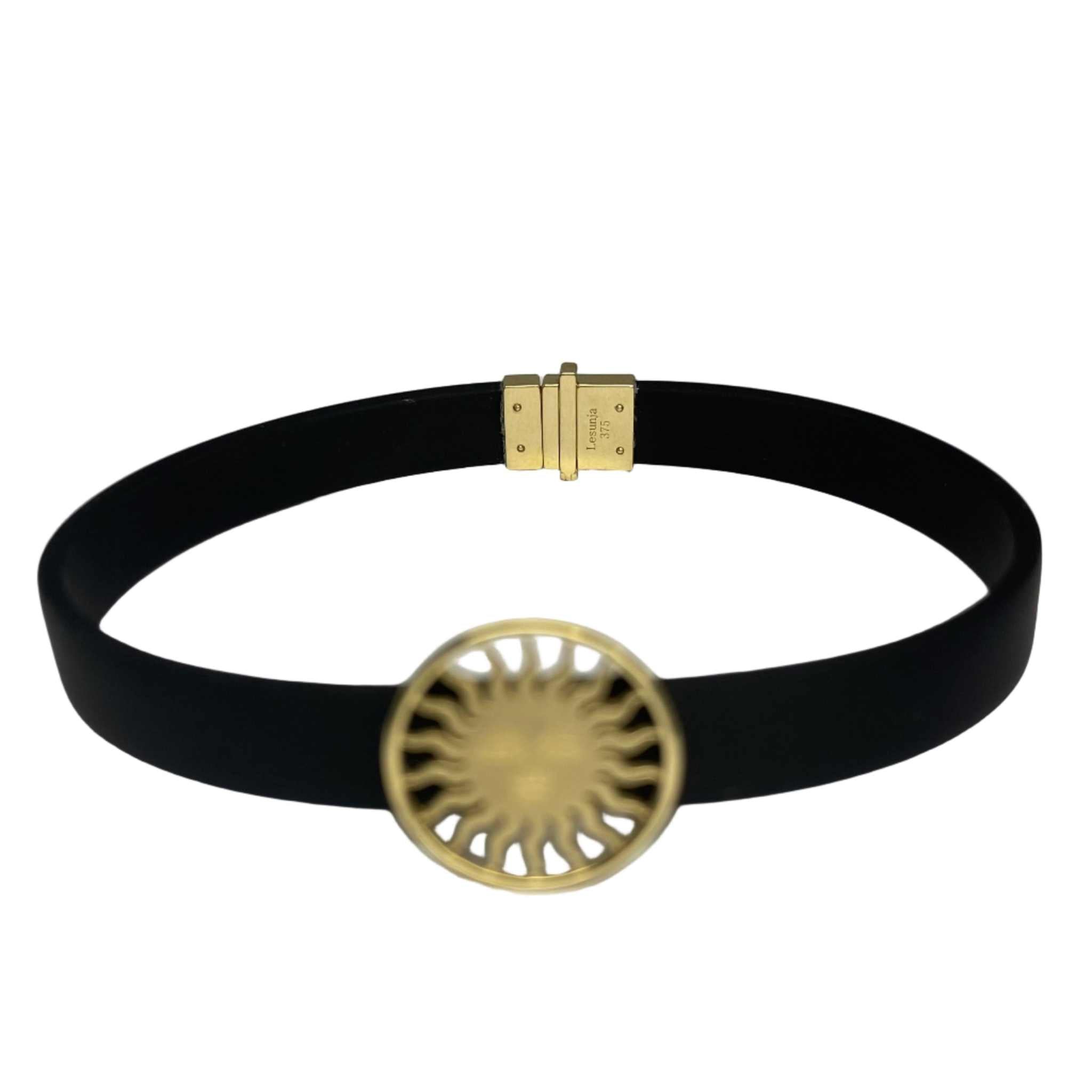 Lesunja St. Moritz Sun bracelet, 375 yellow gold sun medallion on a black rubber strap