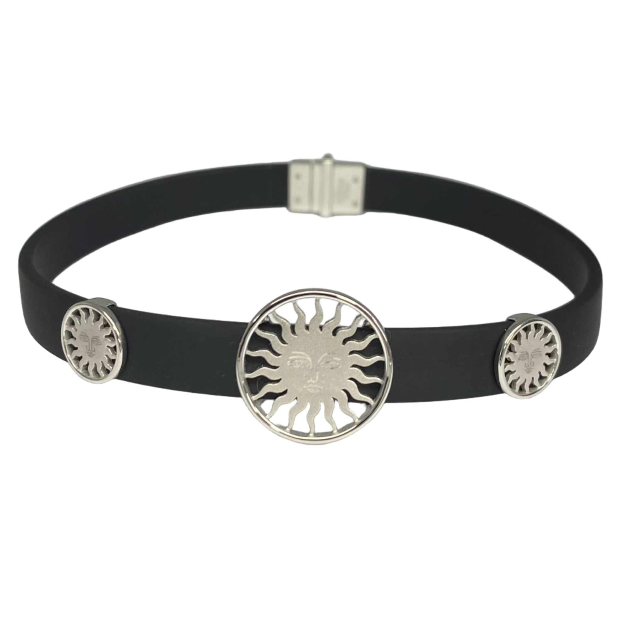 Lesunja St. Moritz Sun bracelet set, platinum 950 sun medallions on black rubber straps