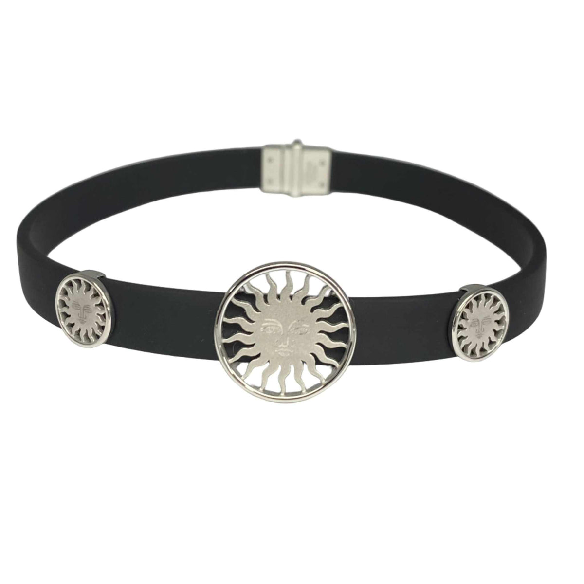 Lesunja St. Moritz Sun bracelet set, platinum 950 sun medallions on black rubber straps
