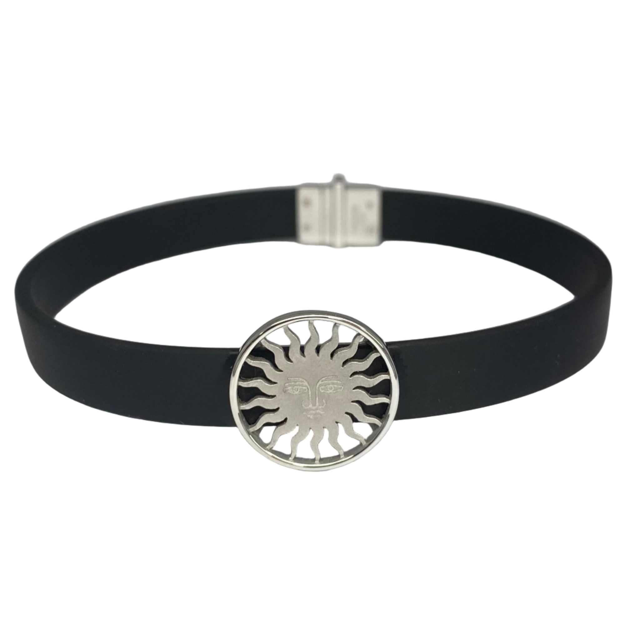 Lesunja St. Moritz Sun bracelet, 9k white gold sun medallion on a black leather band