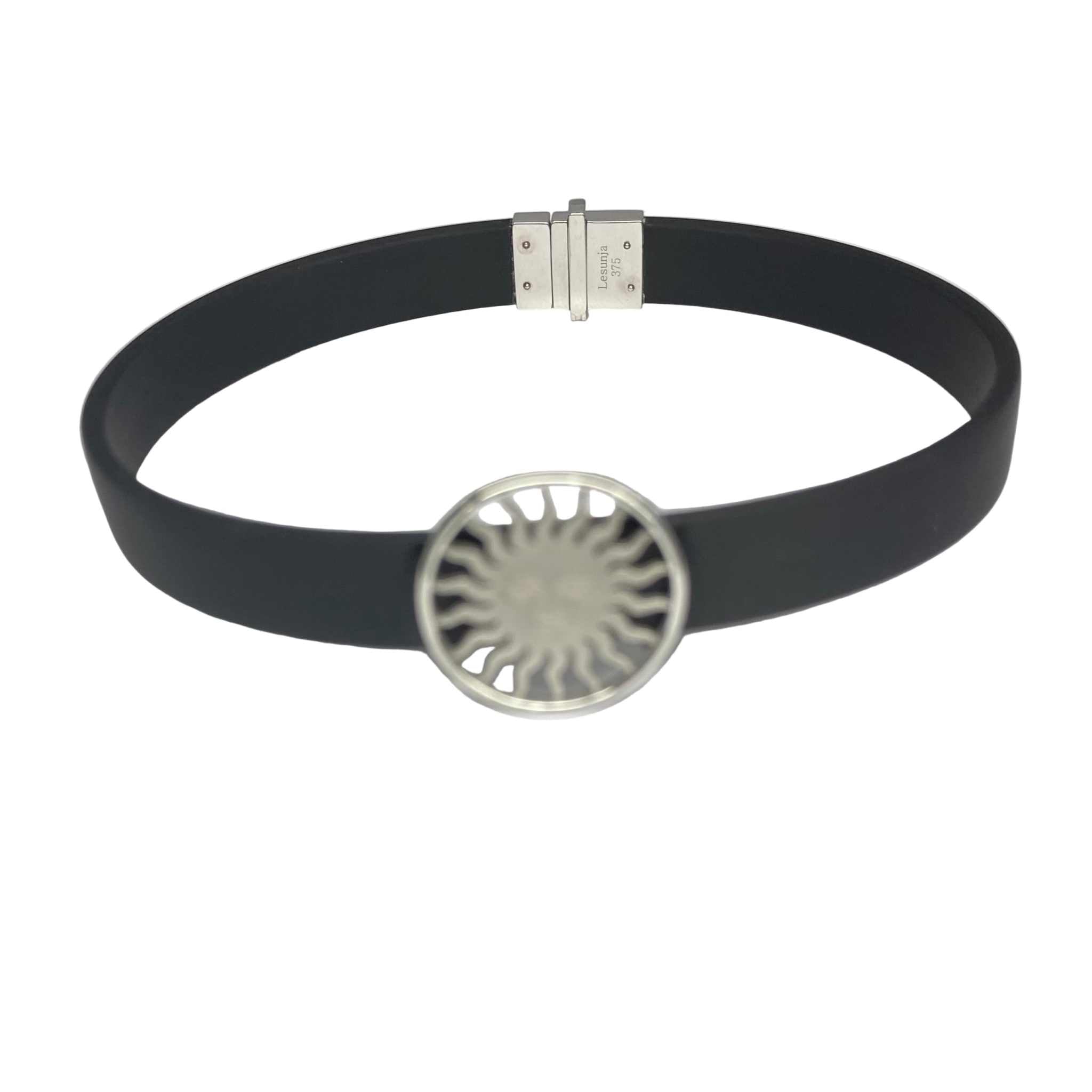 Lesunja St. Moritz Sun bracelet, 9k white gold sun medallion on a black leather band