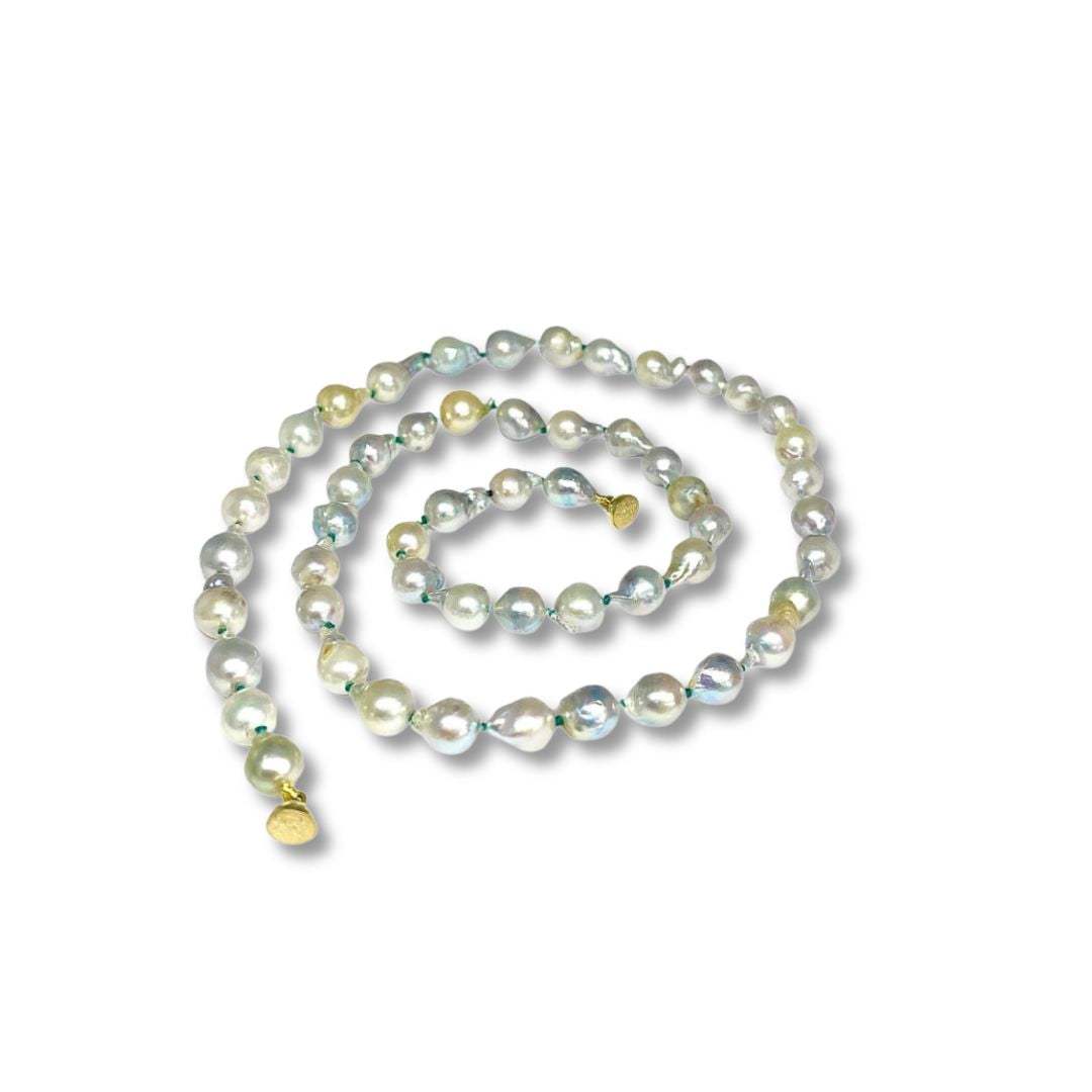 Lesunja Blue Akoya Pearl Necklace Green Silk