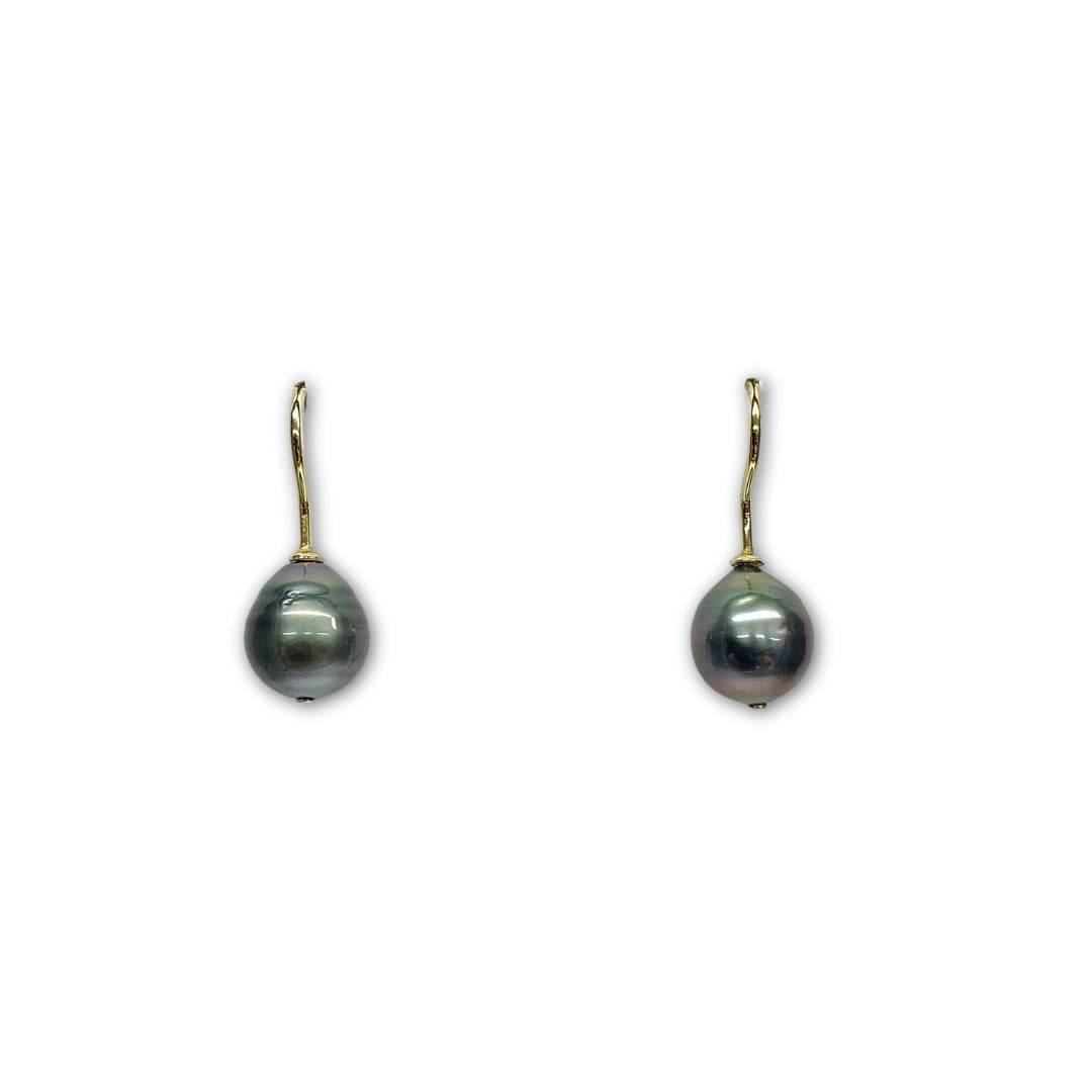 Lesunja Earrings Yellow Gold Dark Tahitian Saltwater Pearls, handmade fine jewellery from Switzerland