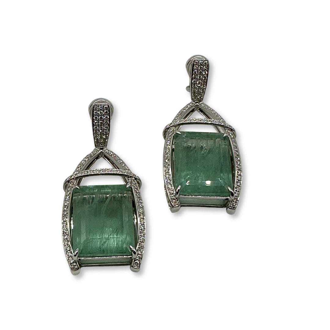 Lesunja Magnifique Earrings in White Gold Green Aquamarine Diamonds, handmade fine jewellery from Switzerland