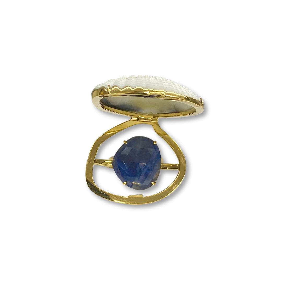Lesunja Ocean XXY Boho Cocktail Ring Yellow Gold Blue Sapphire Shell