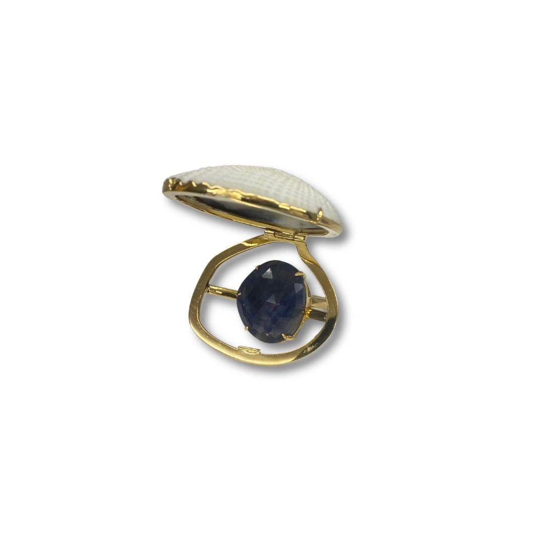 Lesunja Ocean XXY Boho Cocktail Ring Yellow Gold Blue Sapphire Shell