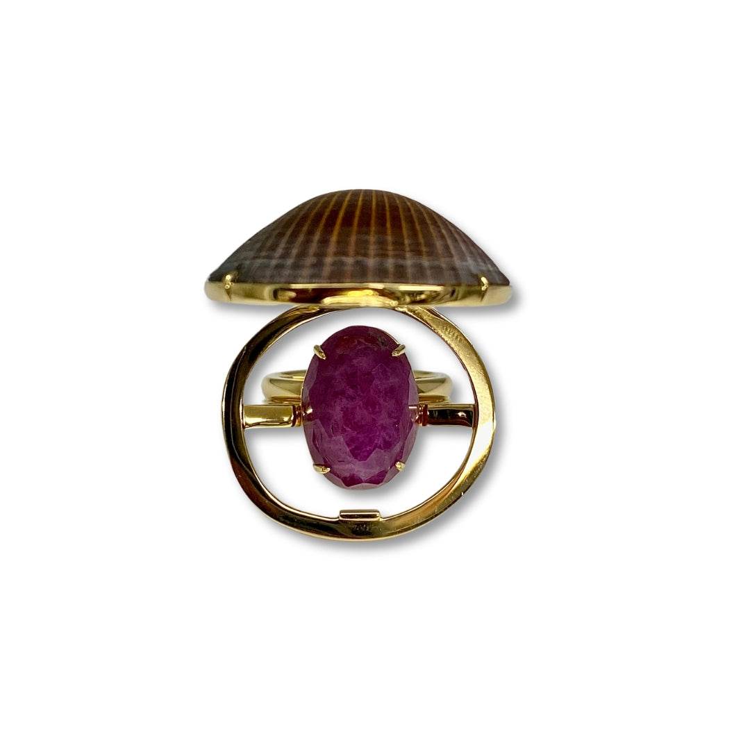 Lesunja Ocean XXY Boho Rings Yellow Gold Ruby Shell
