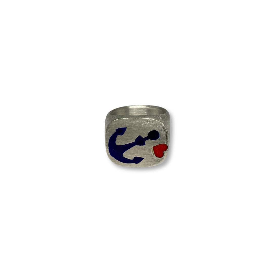 Lesunja Signet Ring Silver with Blue Anchor and Red Heart Enamel Design, Size 60.5