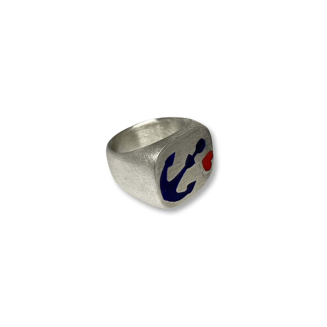 Lesunja signet ring in 925 silver with blue anchor and red heart enamel design, size 60.5.