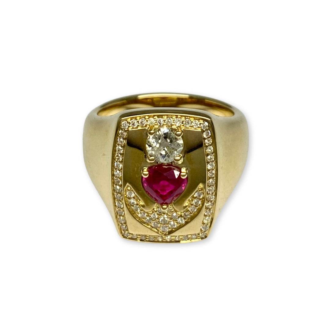 Lesunja Signet Ring Yellow Gold 9K Diamonds & Ruby
