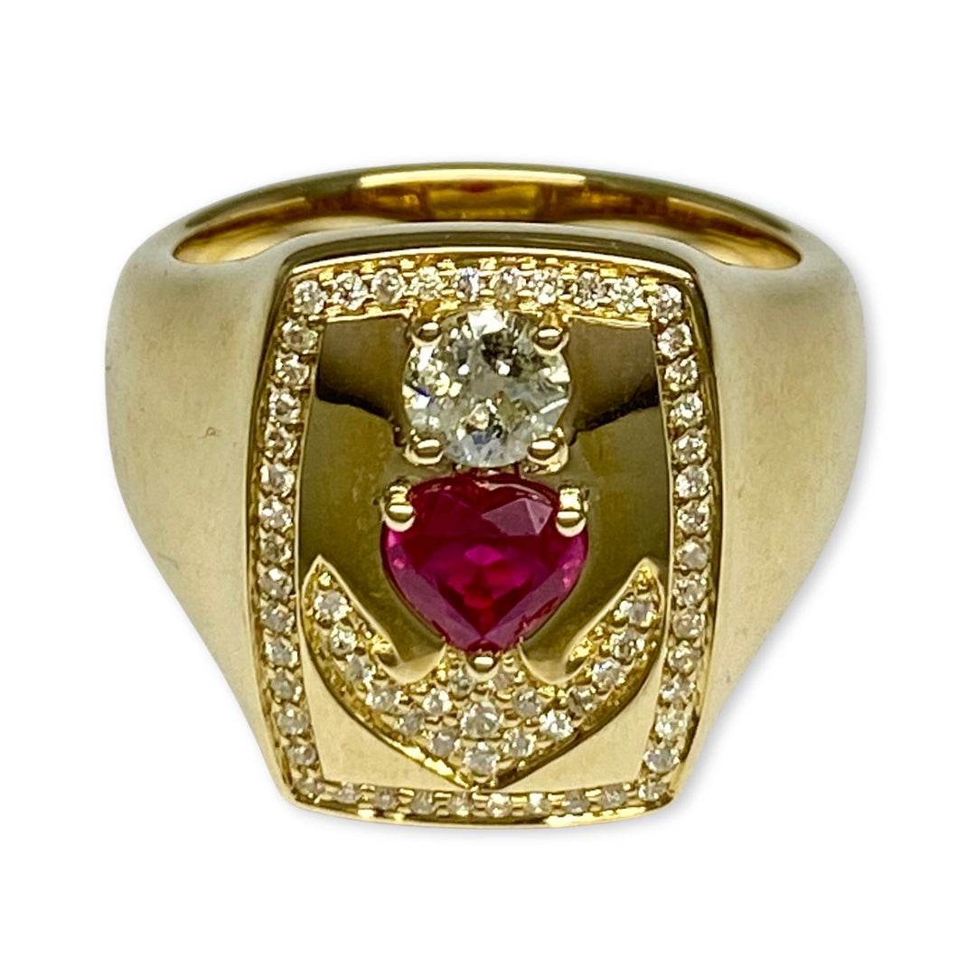 Lesunja Signet Ring Yellow Gold 9K Diamonds & Ruby