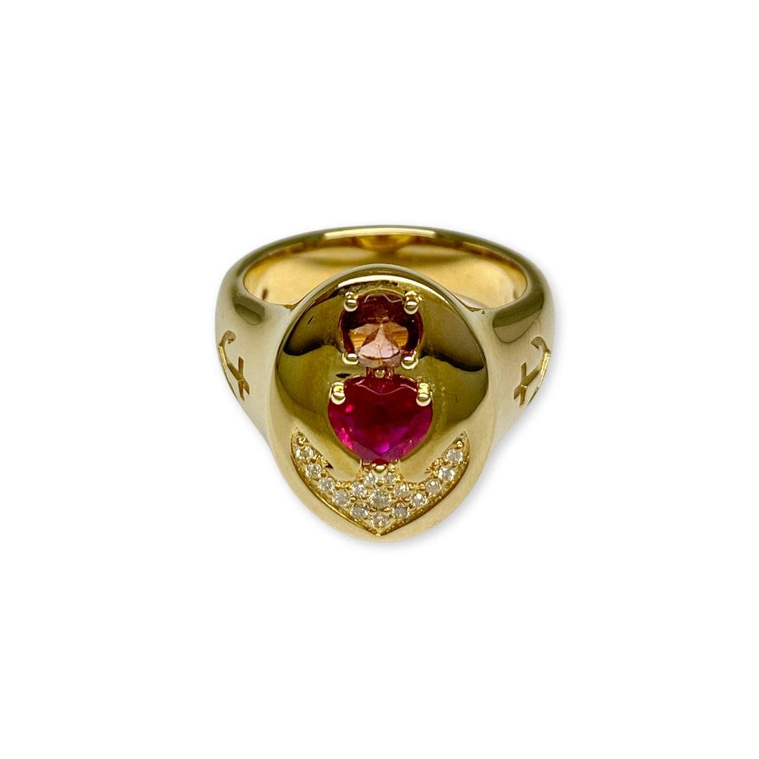 Lesunja Signet Ring Yellow Gold 9K Ruby Tourmaline Diamonds, handmade fine jewellery from Switzerland