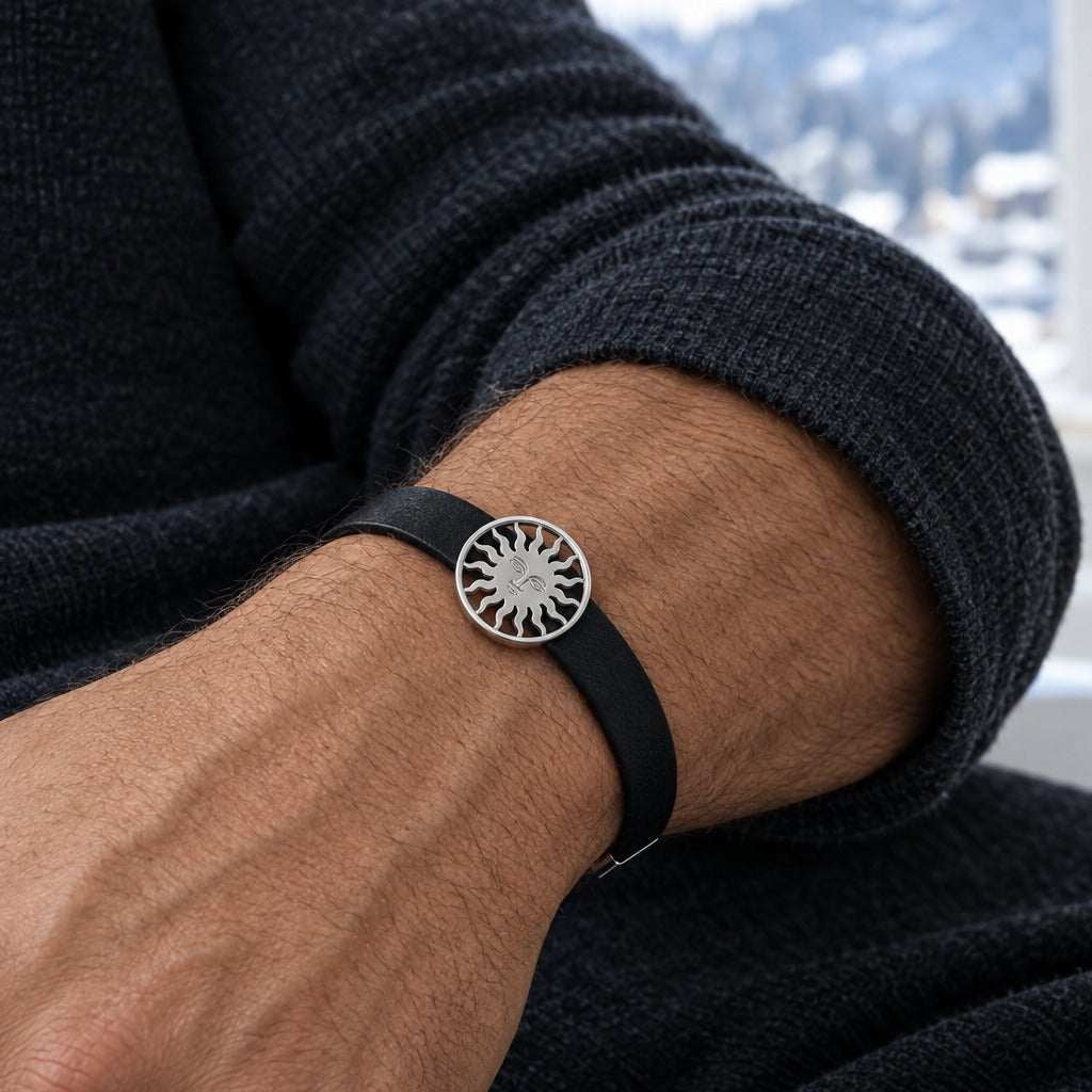St. Moritz Sun by Lesunja - 9k white gold sun on black leather bracelet worn on model