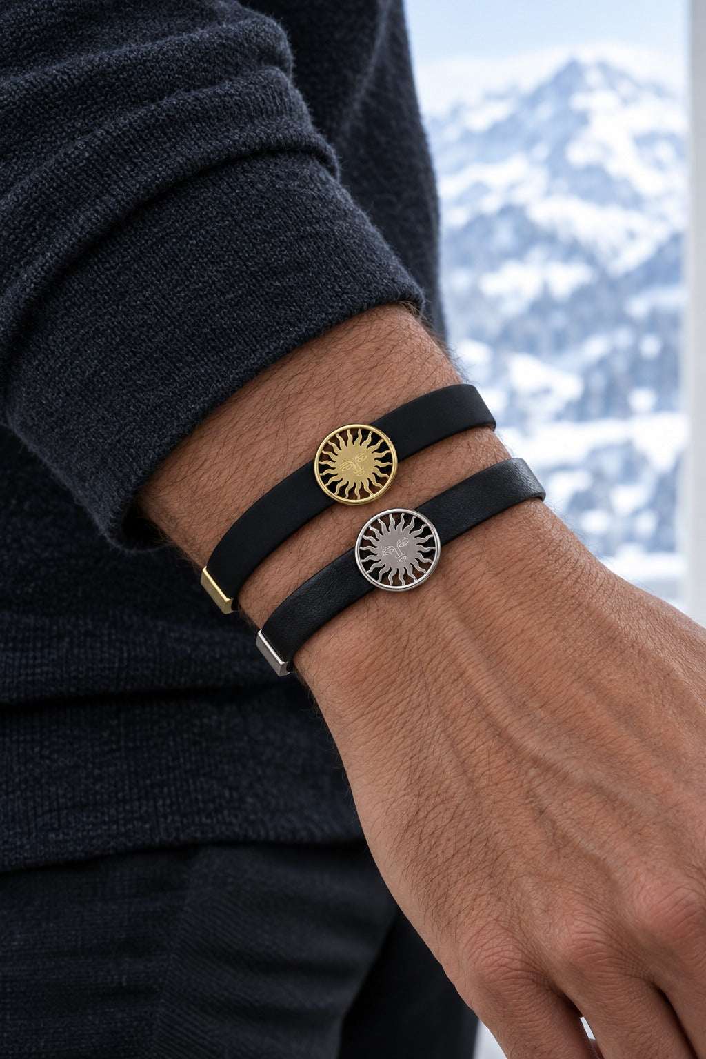 St. Moritz Sun by Lesunja - white gold and gold sun bracelets stacked on model