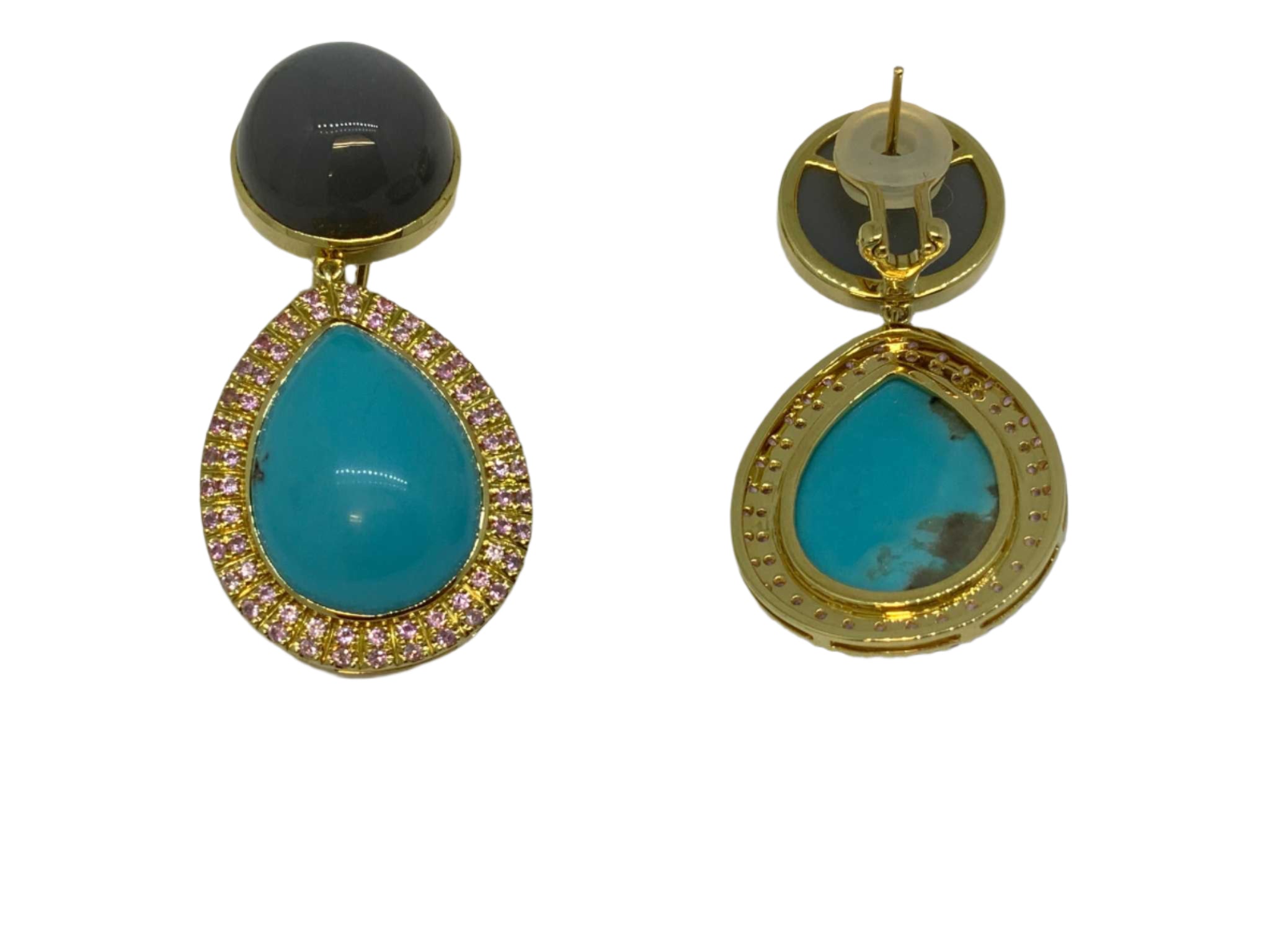Lesunja Moonstone Tourquis Pink Sapphire Gold Earrings