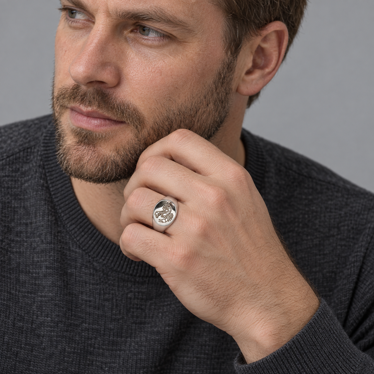 Model wearing the Lesunja Zodiac Scorpio Silver Signet Ring Size 69.5